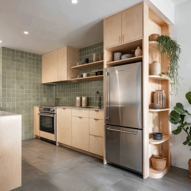 A modern kitchen featuring light-wood cabinets, a stainless steel refrigerator, and sage green square tile backsplash.