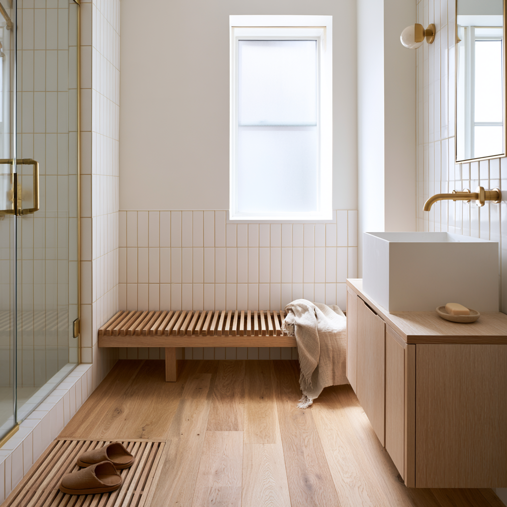 Japandi Bathroom Wood Flooring