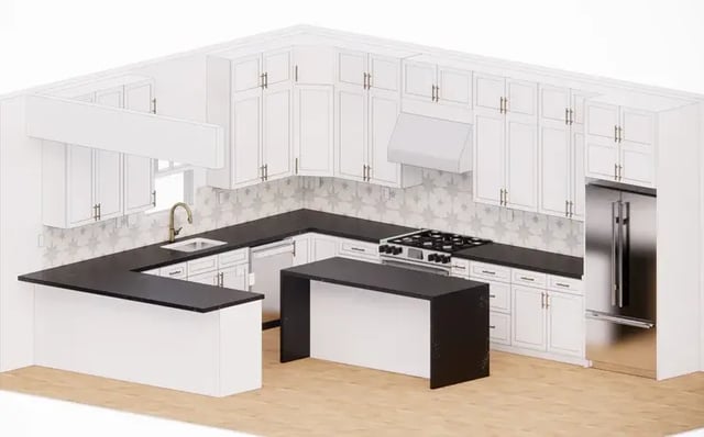 White kitchen rendering with black countertops and island.