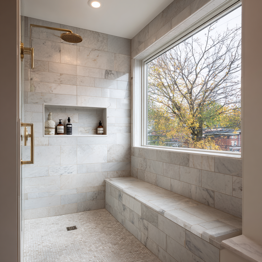 Marble walk-in shower with a large window and bench.