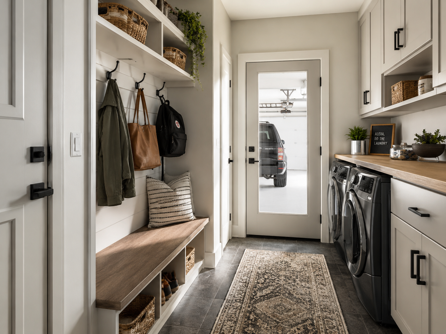 Mudroom laundry room off garage with bench, hooks, and washer and dryer