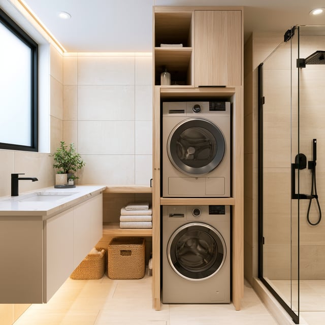 A modern bathroom featuring a light-wood cabinet unit that houses a stacked washer and dryer.