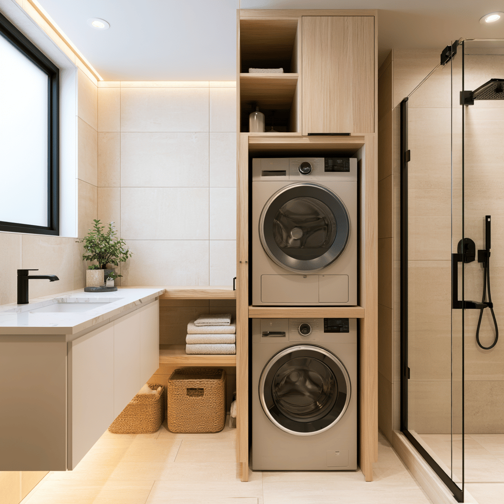 Laundry in bathroom stacked