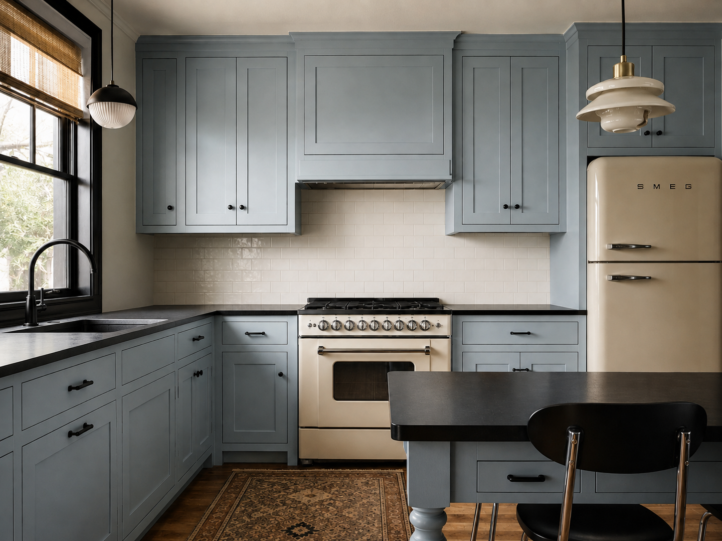 Light Blue Cabinets Black Counters Retro