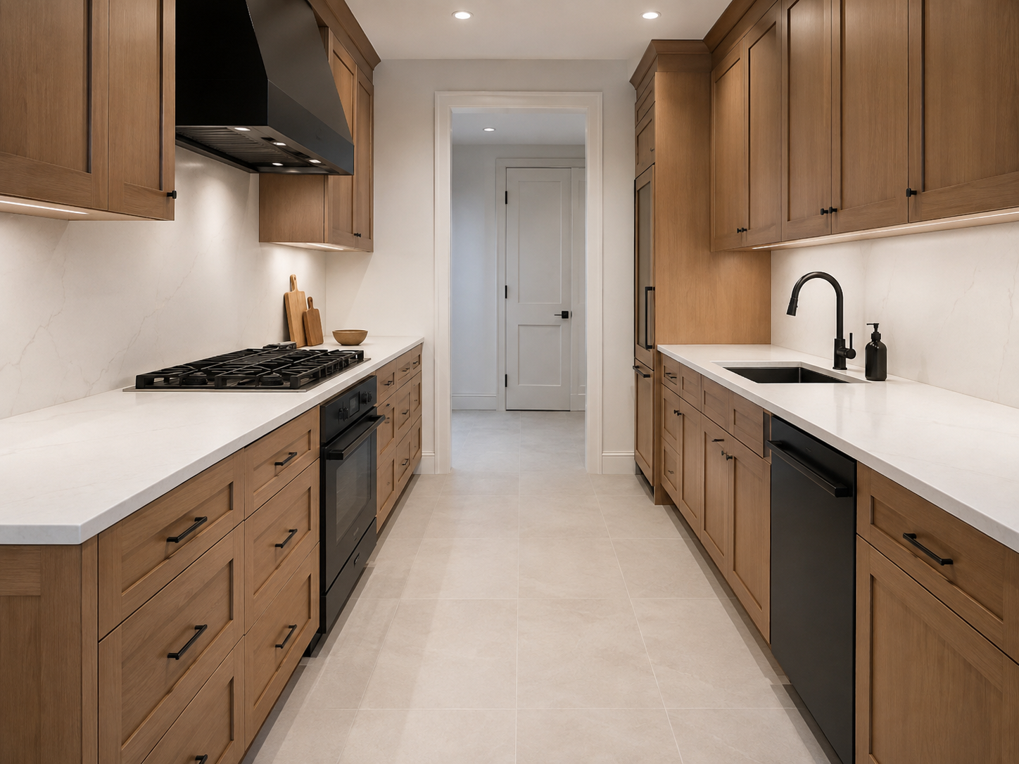 Light Walnut Wood Cabinets White Counters