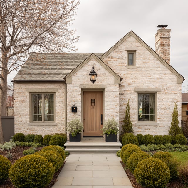 The image depicts a small, light-colored brick house with a natural wood front door, a peaked roof, and a stone walkway lined with manicured shrubs.