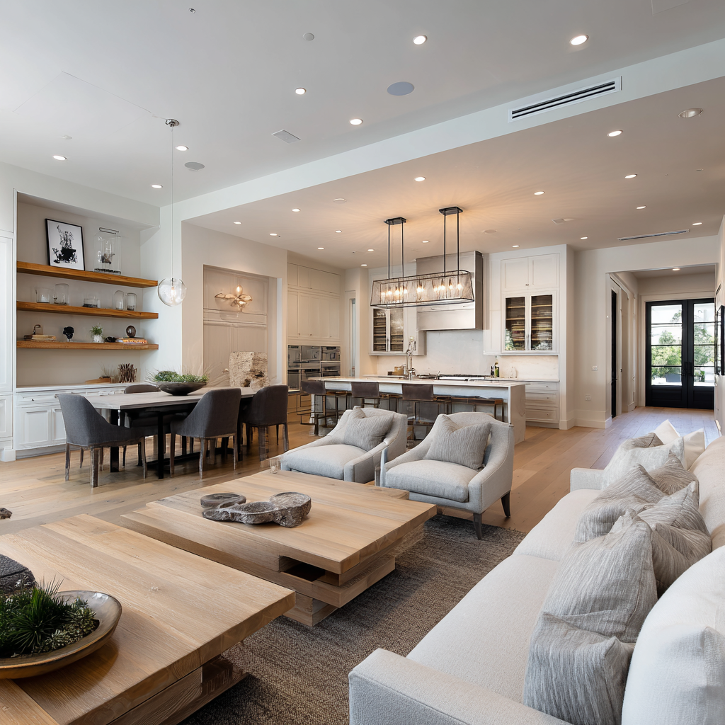A wide-angle view of a modern, open-concept luxury home featuring a living area with light wood coffee tables, a dining space with floating shelves, and a white kitchen with a large island.