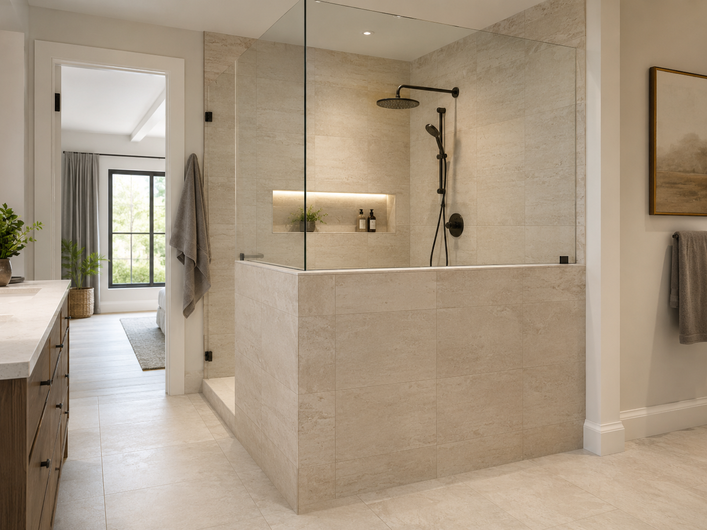 Modern walk-in shower with beige tiles and glass panels.