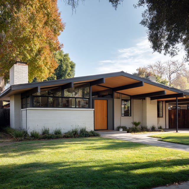 A single-story, mid-century modern house with a flat roof, large windows, light brick walls, and a wood front door, surrounded by a green lawn and trees.