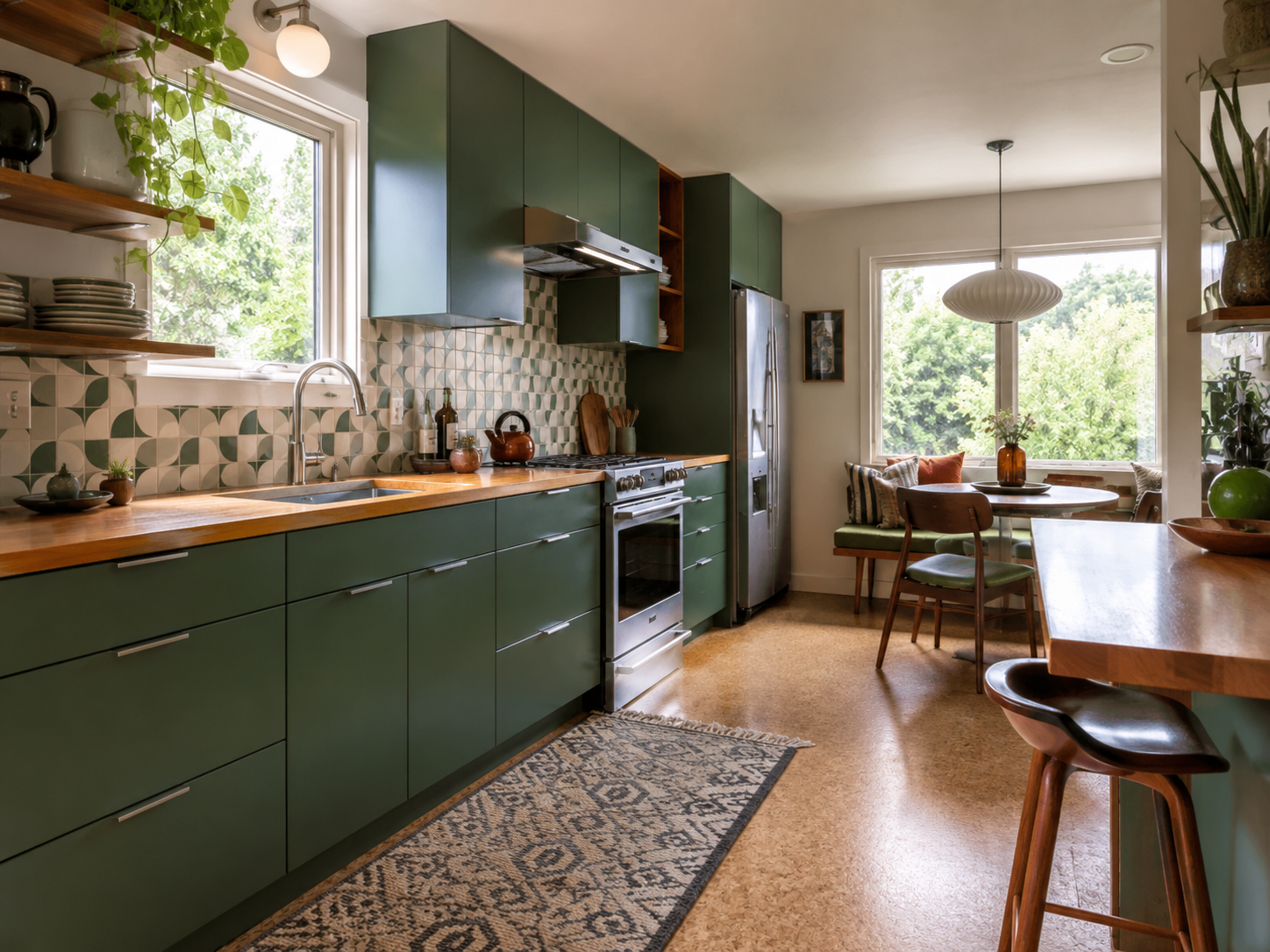 MCM Kitchen With Green Cabinets and Butcher Block Counters