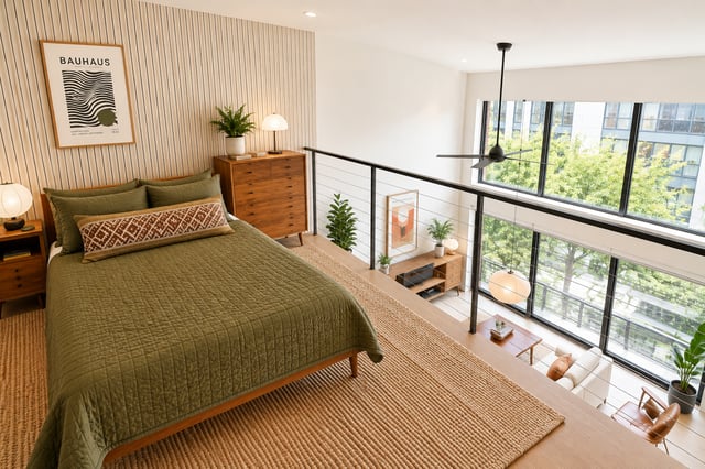Loft bedroom with mid-century modern furniture and green bed.