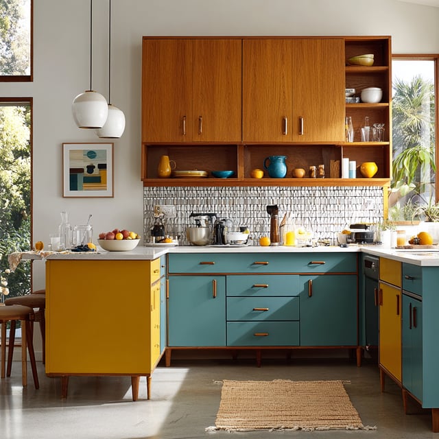 A colorful mid-century modern kitchen with teal and mustard cabinetry, warm wood upper cabinets, a patterned tile backsplash, white countertops, pendant globe lights, and sunlight streaming through large windows.