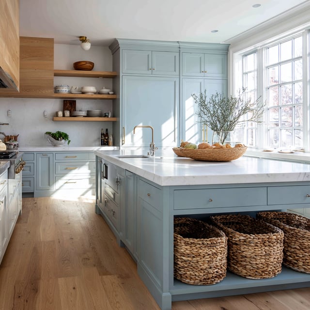 A bright kitchen with soft blue cabinets, a marble island, and warm wood accents.