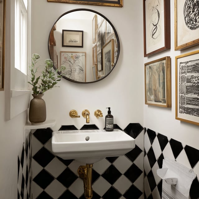 A stylish powder room with a wall-mounted sink, black-and-white tile, brass fixtures, a round mirror, and framed artwork.