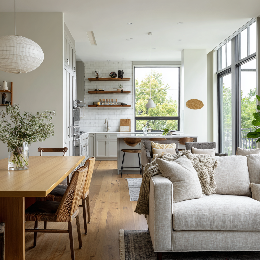A modern, open-concept apartment featuring a wooden dining table, a light-colored sofa, and a kitchen with white cabinetry and floating wood shelves.