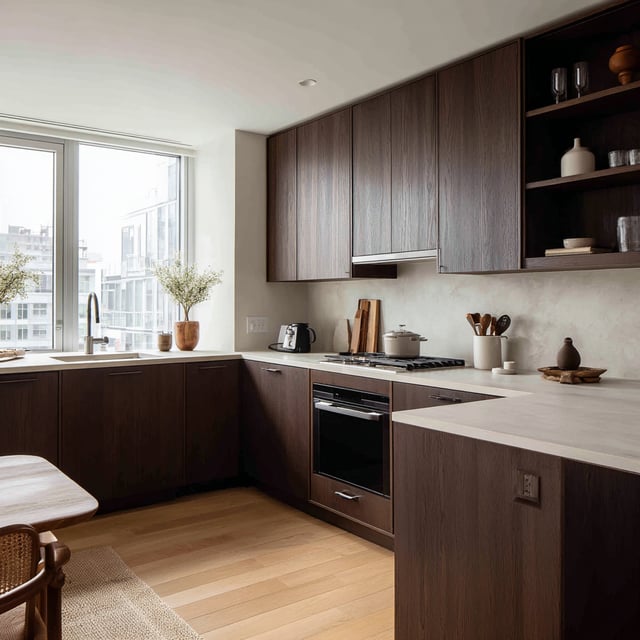 Modern brown cabinets with white countertops