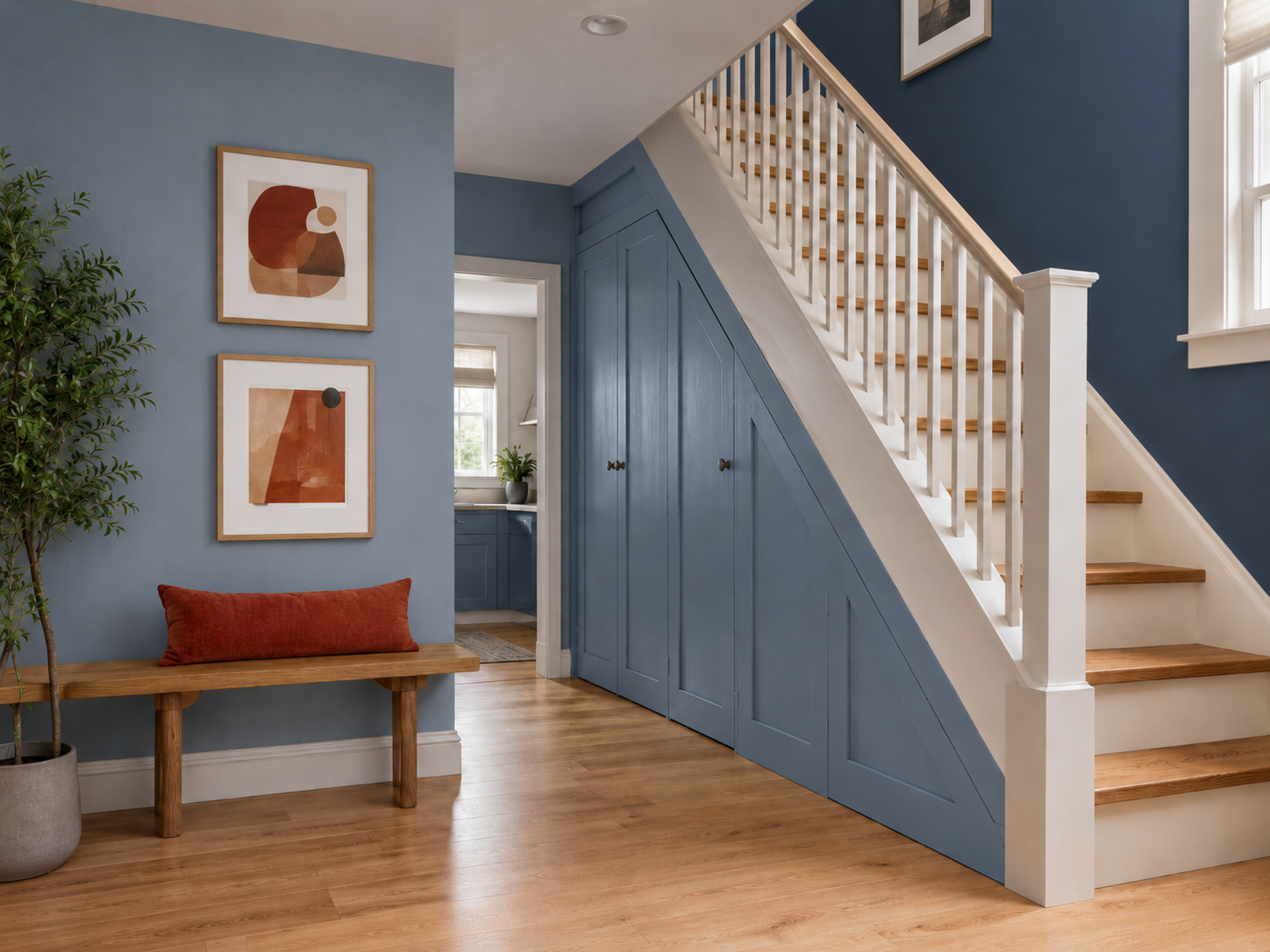 Modern hallway with under stairs storage doors