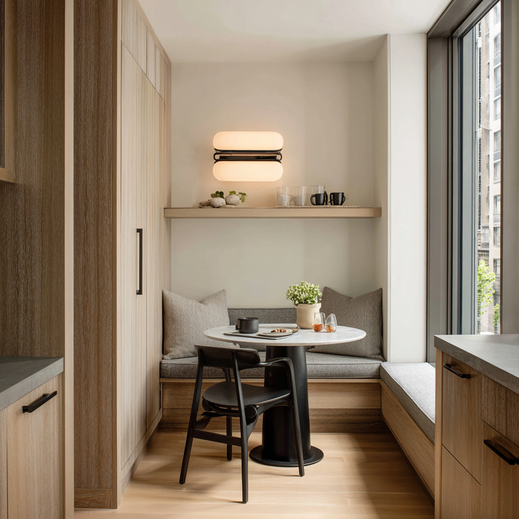 Modest Japandi kitchen nook with built-in bench seating, warm wood cabinetry, and a small round table by a window.