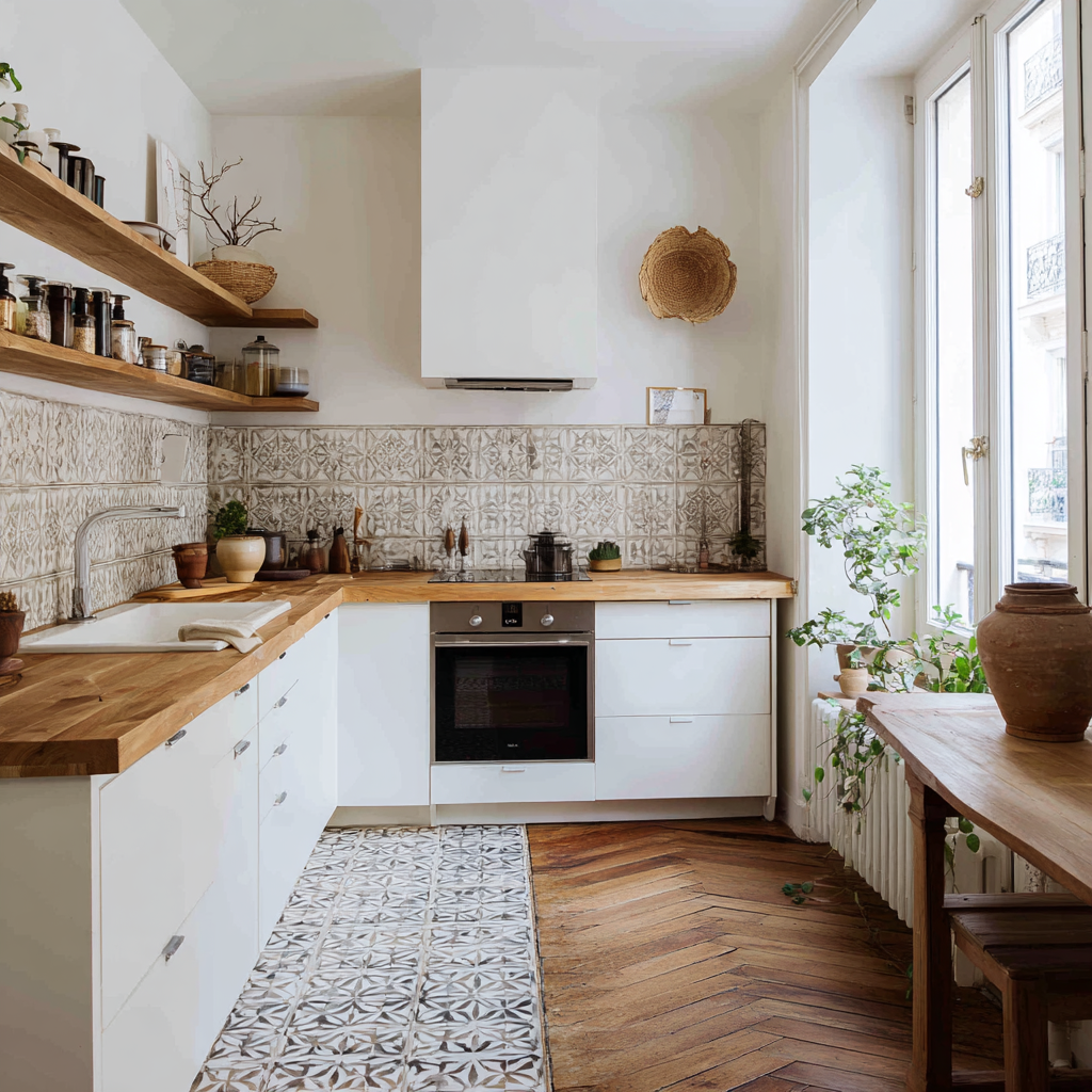 A modest Japandi-style kitchen with white cabinets, wooden countertops, patterned tile backsplash, and natural light with plants.