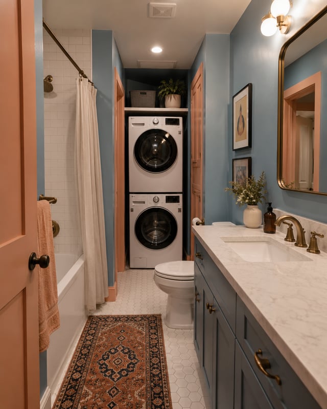 Blue bathroom with peach doors and stacked laundry.