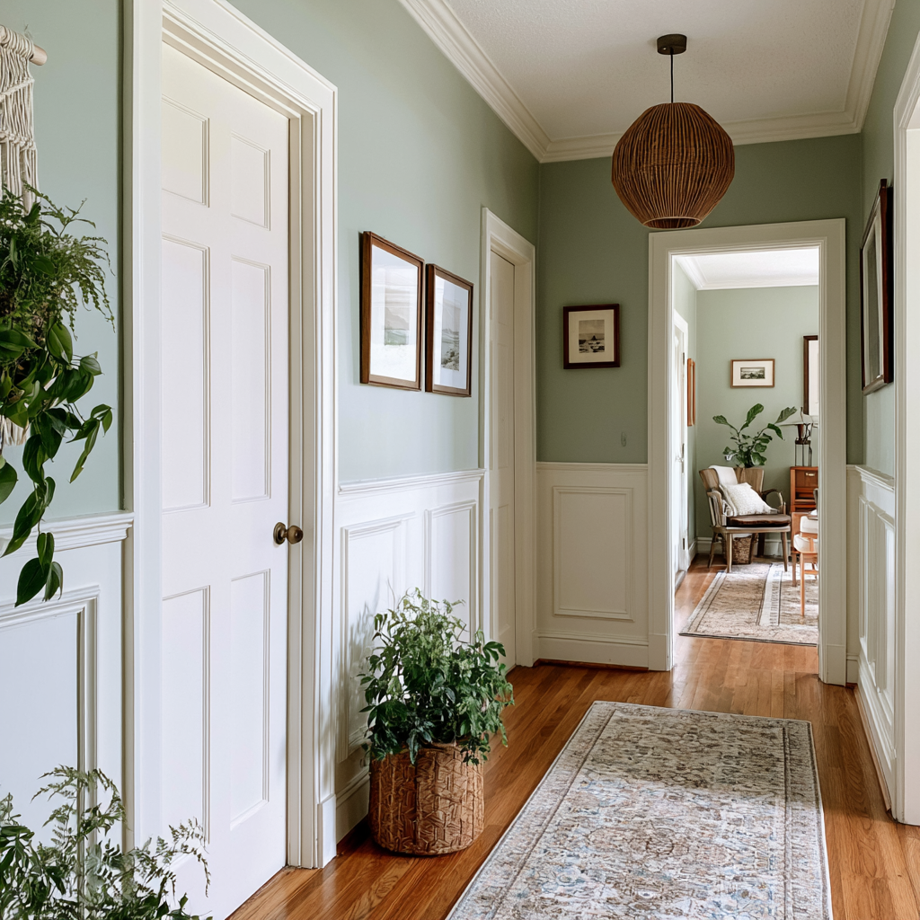 Narrow Hallway Fresh Colors - Panel wainscoting carried down a hallway, consistent with the casing and baseboards.