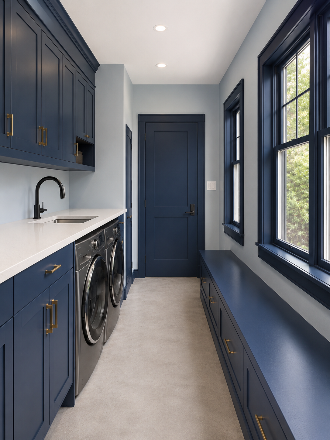 Galley mudroom and laundry room with navy cabinetry and window bench.