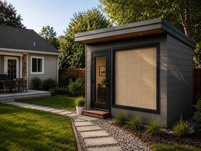 A modern gray office shed with a black-trimmed glass door and a large window with blinds sits in a backyard.