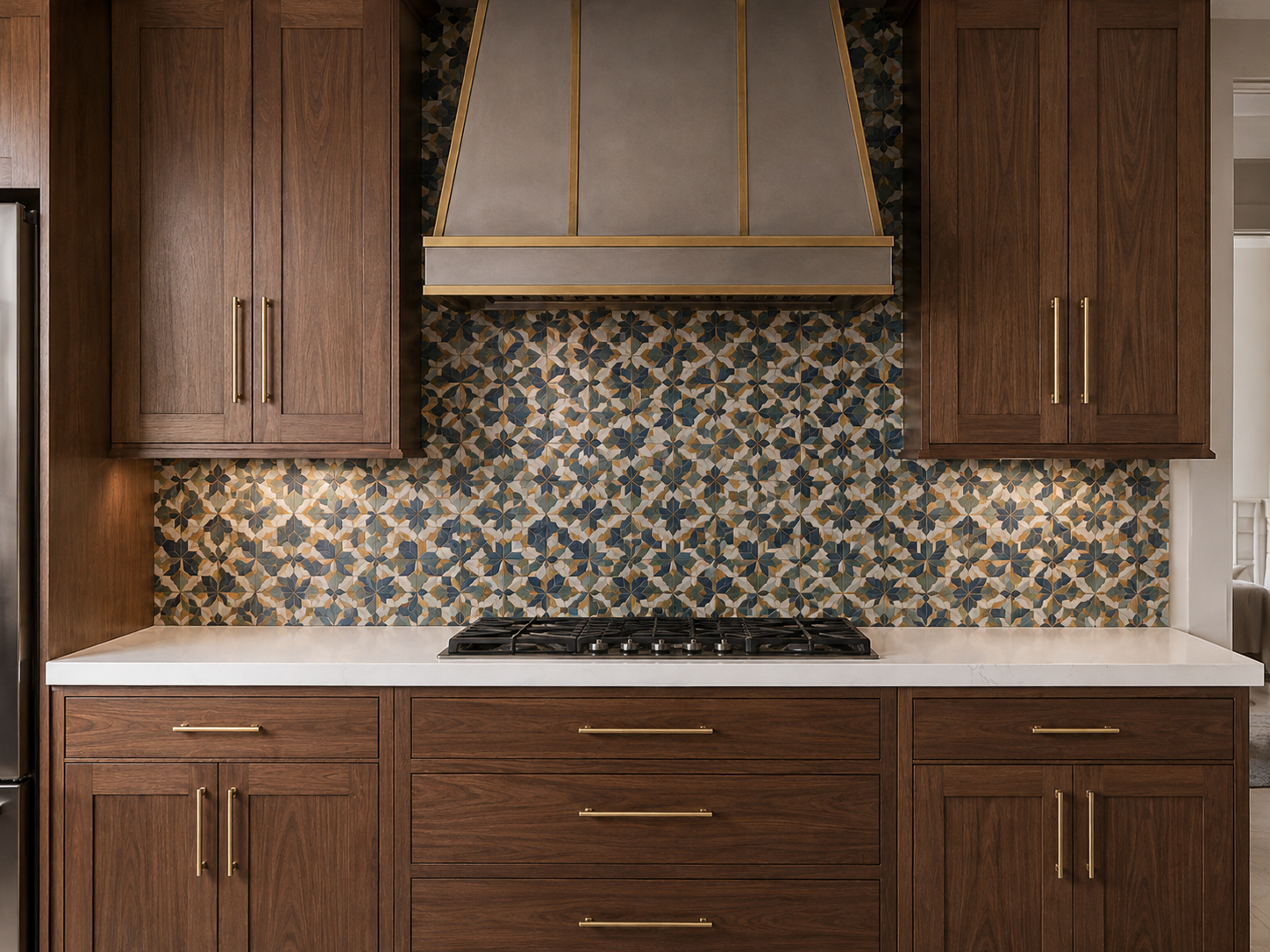 Ornate Backsplash White Counters Wood Cabinets