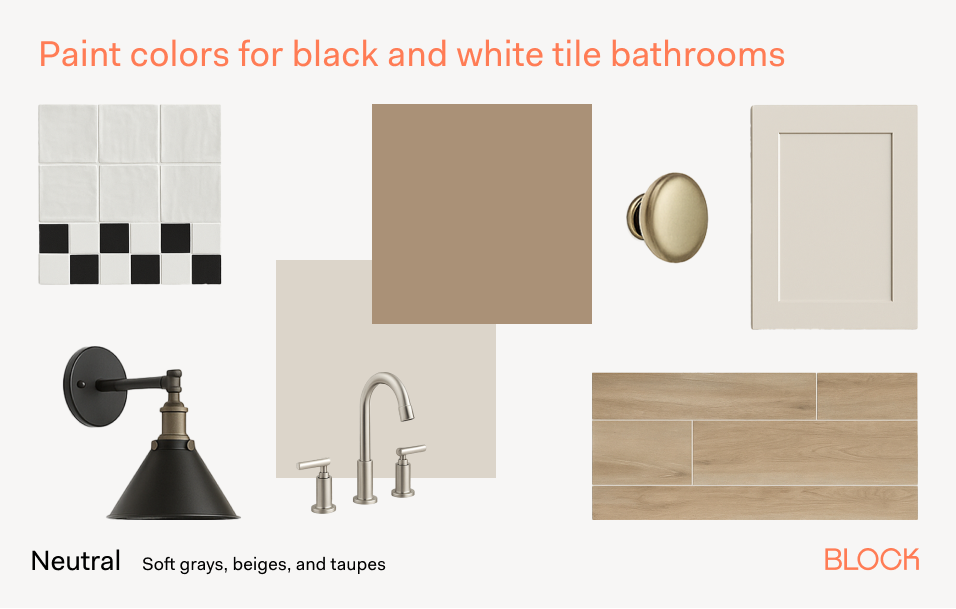 A mood board for a black and white tile bathroom with neutral paint