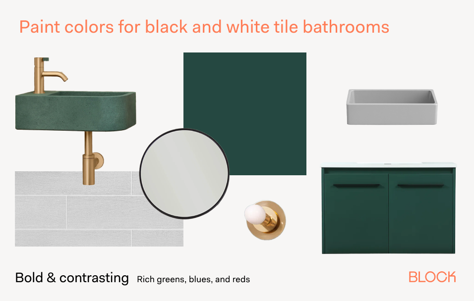A mood board for a black and white tile bathroom with bold and contrasting paint