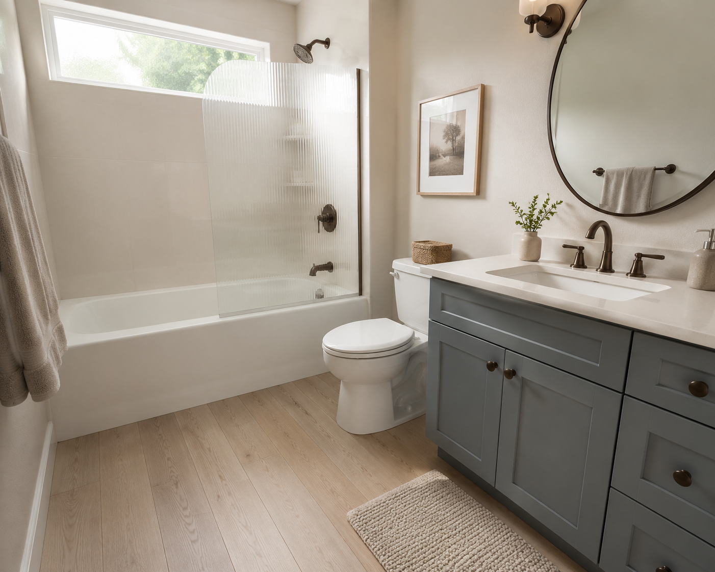 Pale smoked-oak LVP bathroom retreat