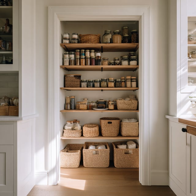 A closet converted into a pantry with multiple wooden shelves holding various jars, containers, and woven baskets of different sizes.