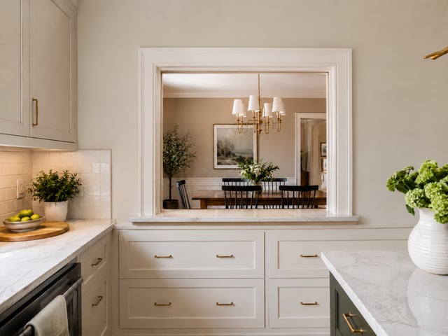 This image depicts a kitchen with light-colored cabinetry and marble countertops featuring a pass-through window that looks into a formal dining room.