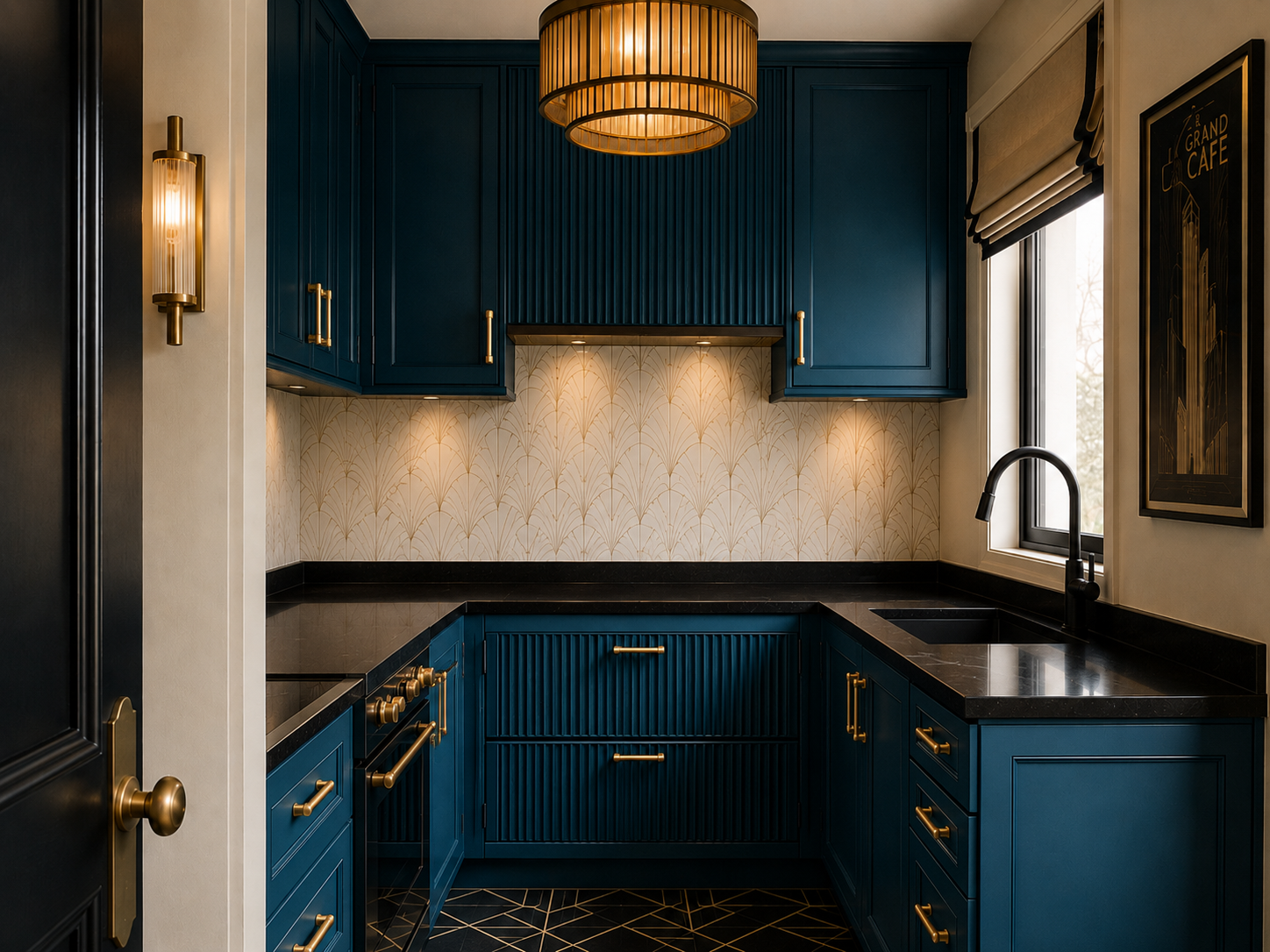 Peacock Blue Cabinets Black Counters Art Deco