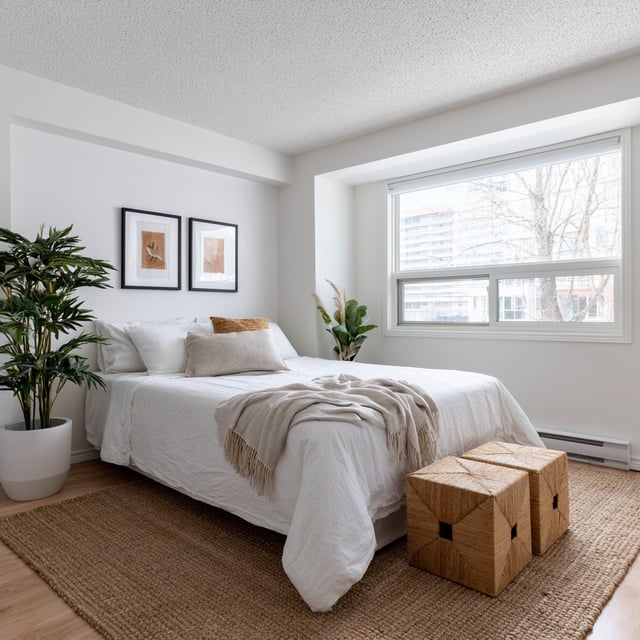 A modern, minimalist bedroom featuring a bed with white linens, a jute rug, a large window, and a popcorn ceiling.