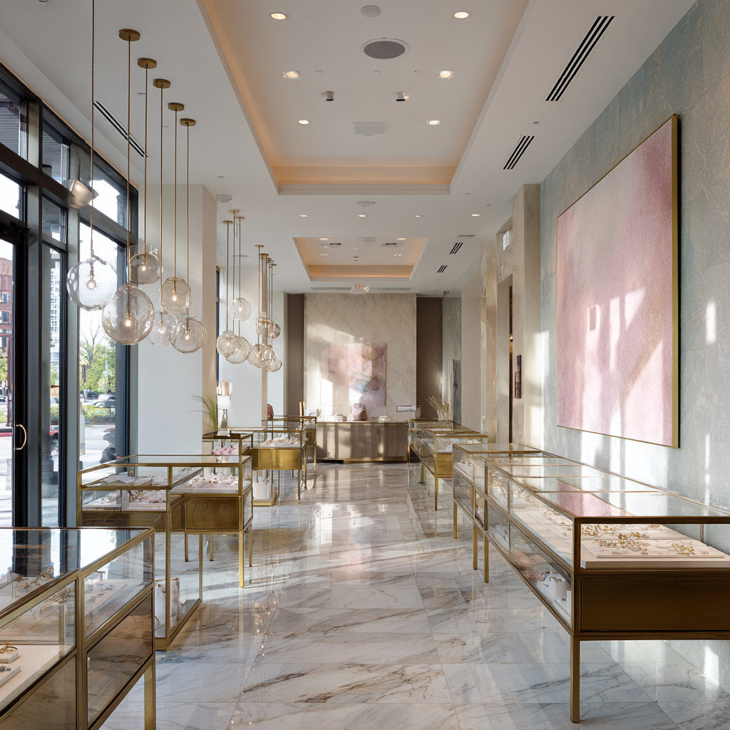 An elegant retail space with marble floors, glass display cases, and warm pendant lighting.
