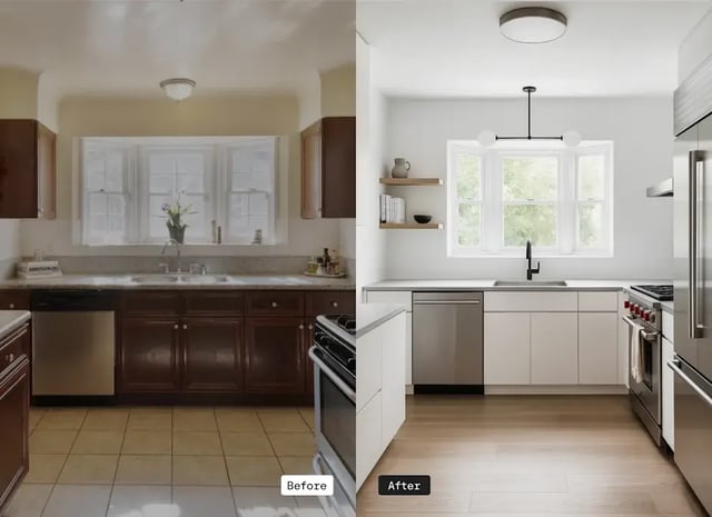 Before and after comparison of a kitchen remodel.