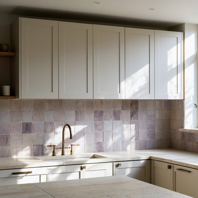 Modern kitchen with a soft purple square tile backsplash.