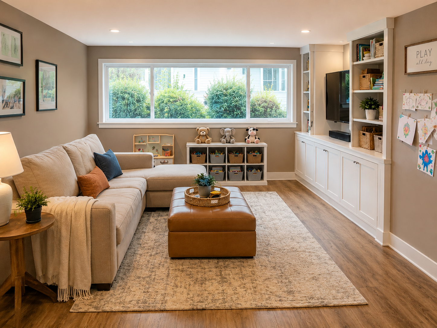 Basement family room with sectional sofa and built-ins.