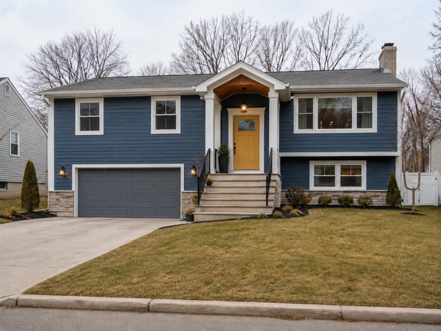Blue raised ranch house with a yellow front door.