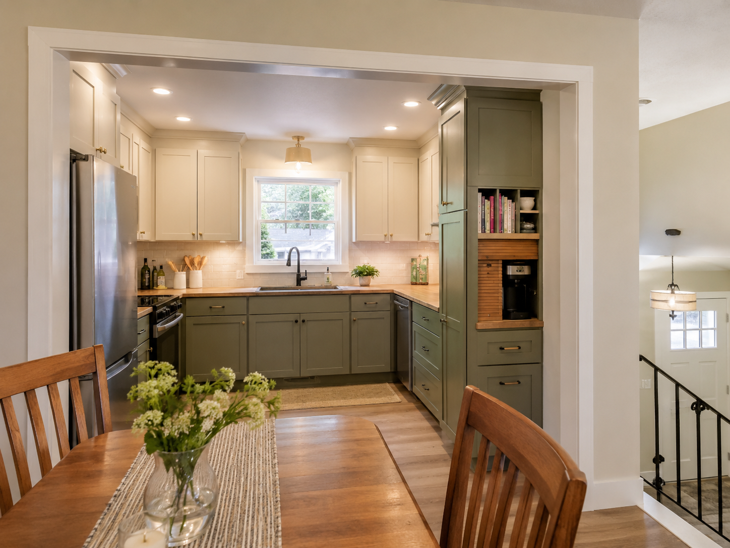 Green kitchen cabinets with cream upper cabinets seen from dining area.