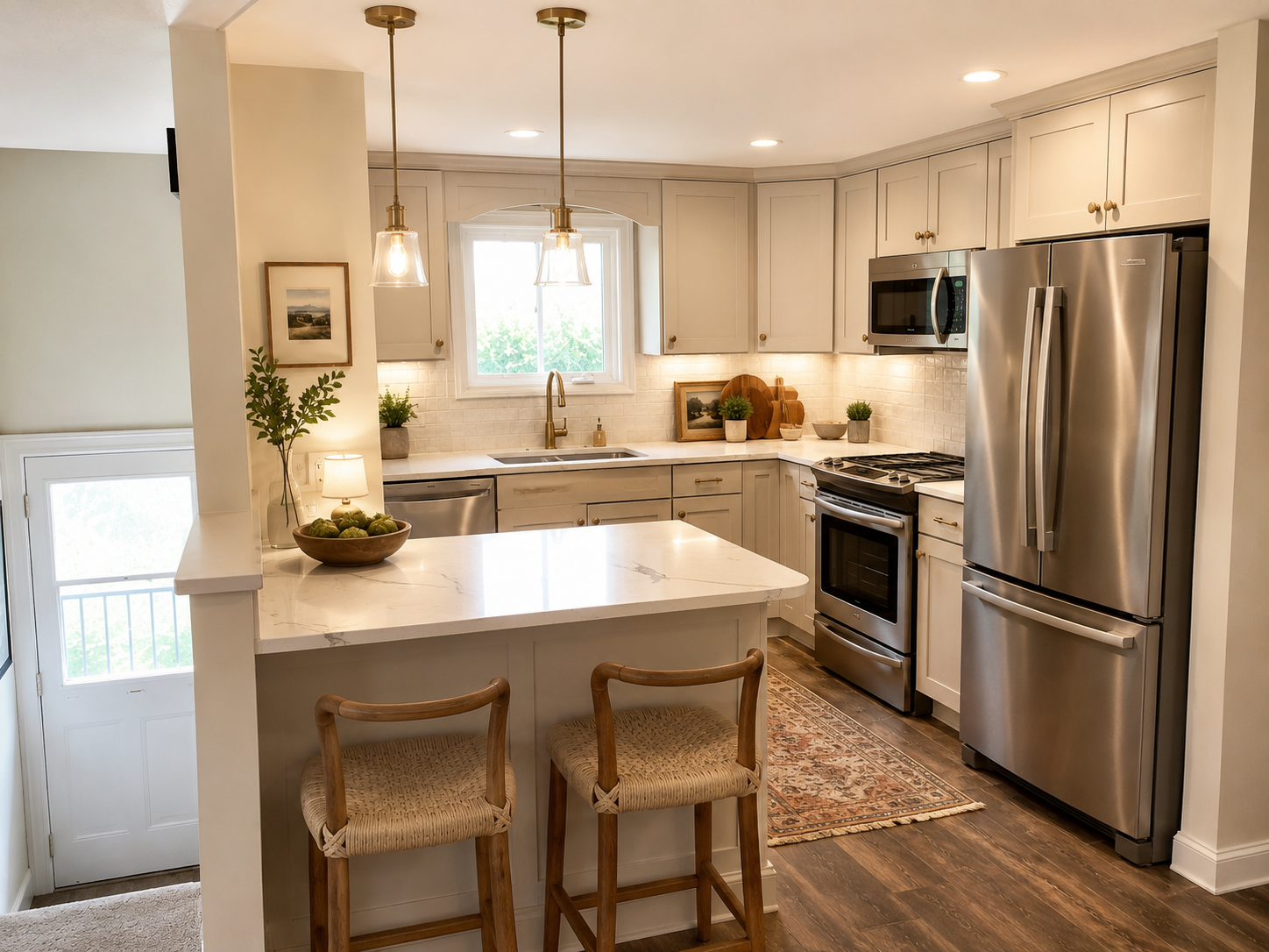 Cream kitchen with island and stainless appliances.