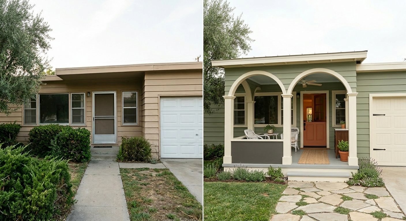Before-and-after photos of front porches added to ranch homes, plus ...
