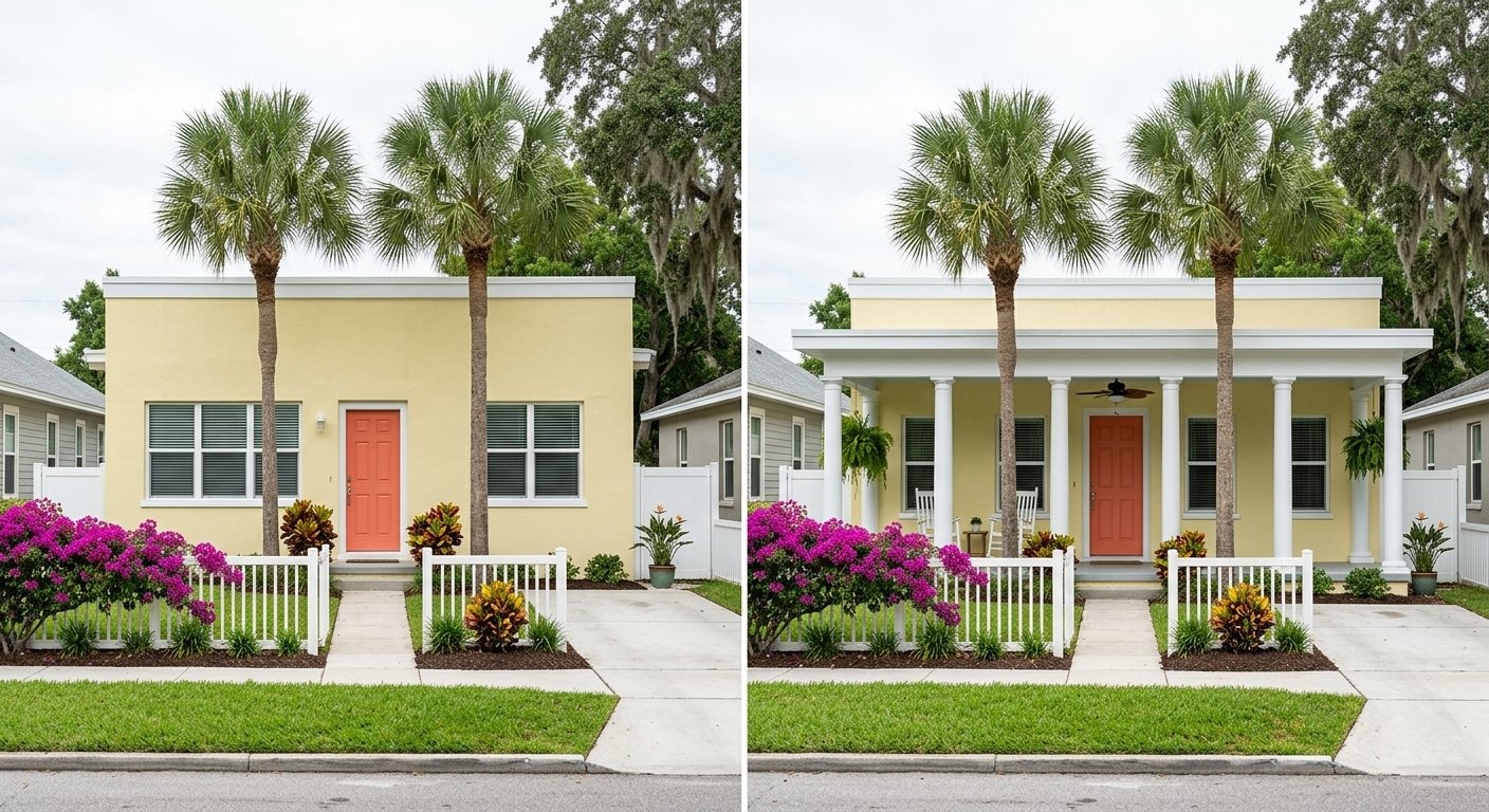 Before-and-after photos of front porches added to ranch homes, plus ...