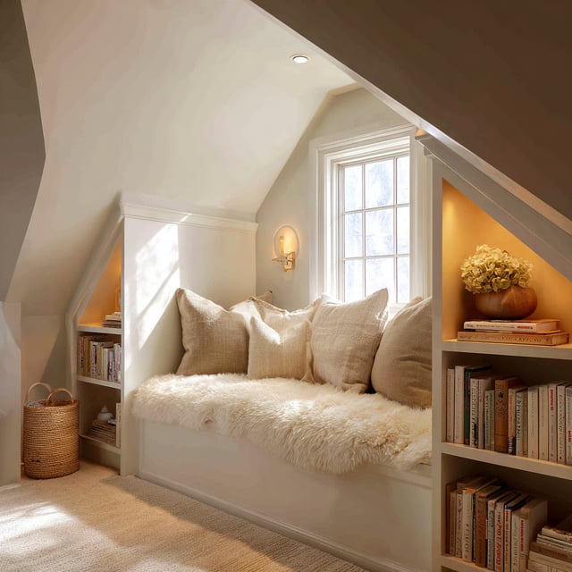 A cozy attic reading nook with a cushioned window seat, several pillows, and built-in bookshelves.