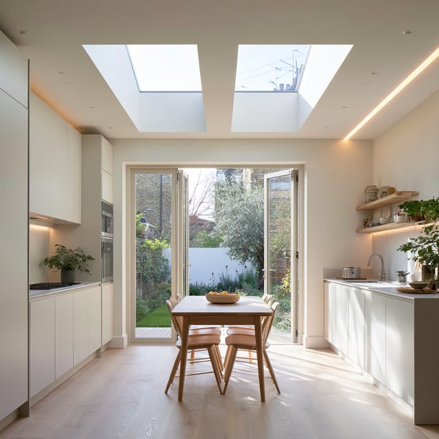 Minimalist kitchen with two skylights, dining table and backyard views