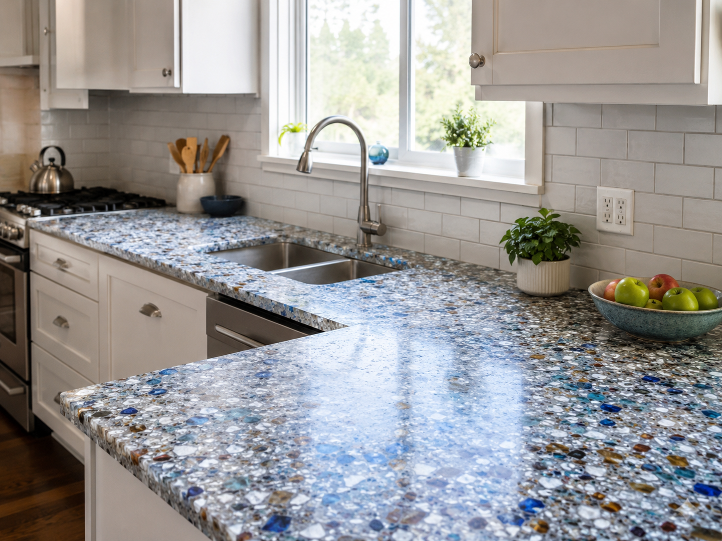 Recycled Glass Countertop - White Cabinets