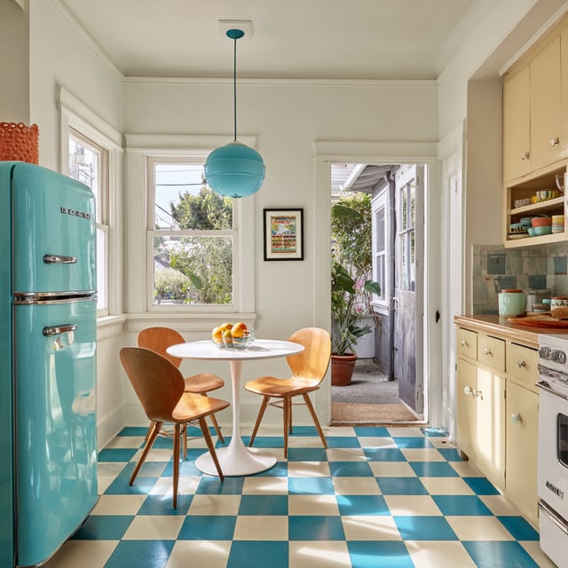 Retro kitchen with blue checkered floor and a turquoise fridge