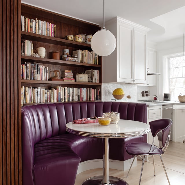 Purple curved booth with a white table and wooden shelves.