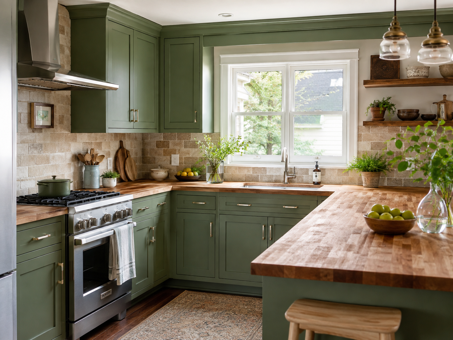 Rustic Green Cabinets and Butcher Block